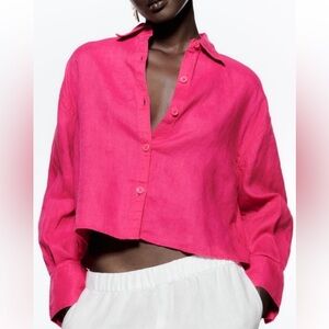 Zara NWOT Women's Pink Button-Up Top cropped pink fuscia linen oversized
